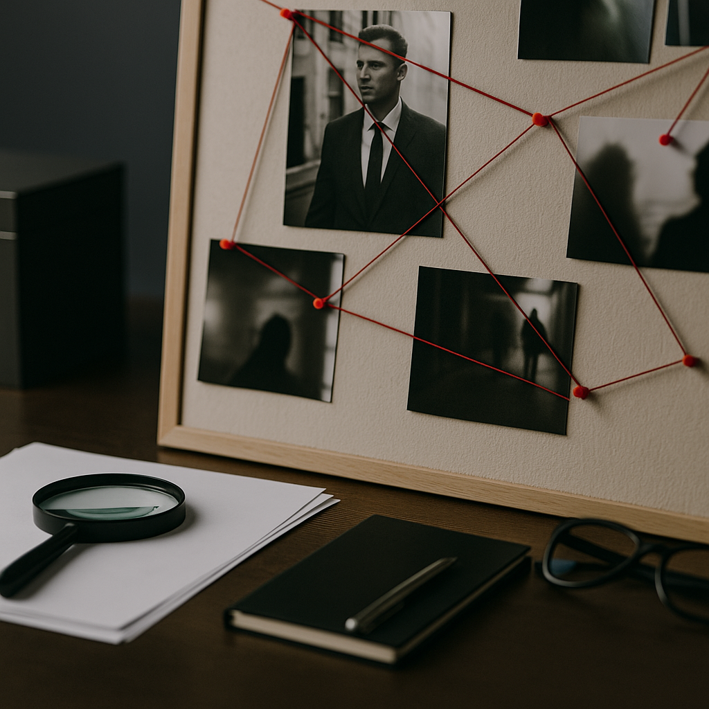 흥신소 조사 분위기 이미지, 책상 위 돋보기와 수첩 그리고 연결된 사진 자료가 놓인 탐정 작업 장면