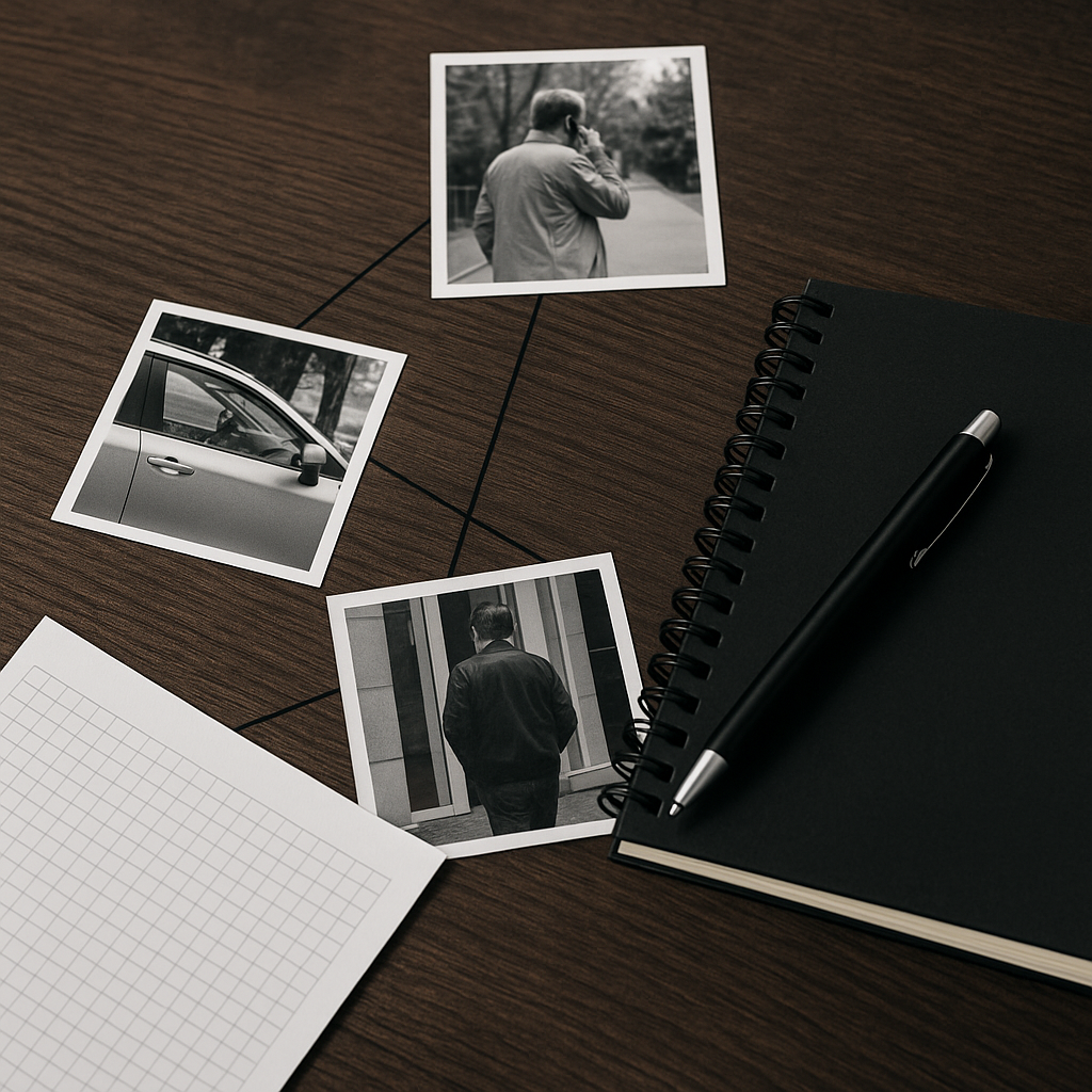 흥신소 자료 이미지, 책상 위에 배치된 흑백 사진들과 노트·볼펜으로 구성된 탐정 업무 자료 사진