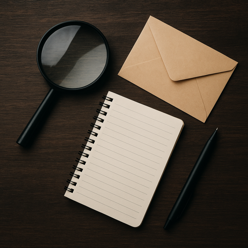 어두운 원목 테이블 위에 돋보기와 메모 노트, 봉투, 펜이 정돈된 흥신소·조사 서비스를 상징하는 이미지