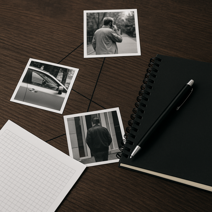 흥신소 자료 이미지, 책상 위에 배치된 흑백 사진들과 노트·볼펜으로 구성된 탐정 업무 자료 사진