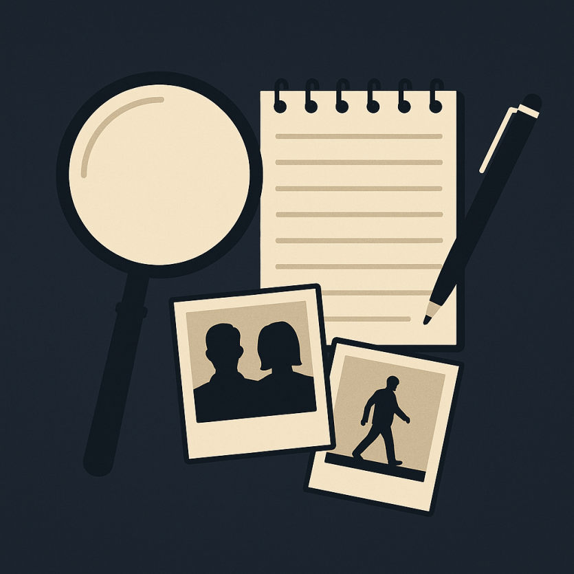 흥신소 썸네일 이미지, 돋보기와 수첩·사진이 배치된 탐정 업무 일러스트