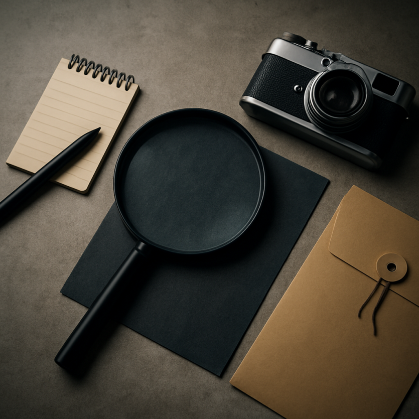 감시 카메라, 분해된 금속 부품, 암호화된 메모 등 상징적 탐정 도구들이 어두운 배경 위에 배치된 독특한 분위기의 조사 이미지