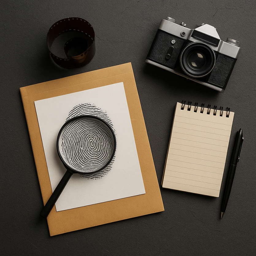 지문이 인쇄된 종이 위에 돋보기가 놓여 있고, 필름 카메라·수첩·필름 롤 등 탐정 도구들이 어두운 책상 위에 정돈된 모습